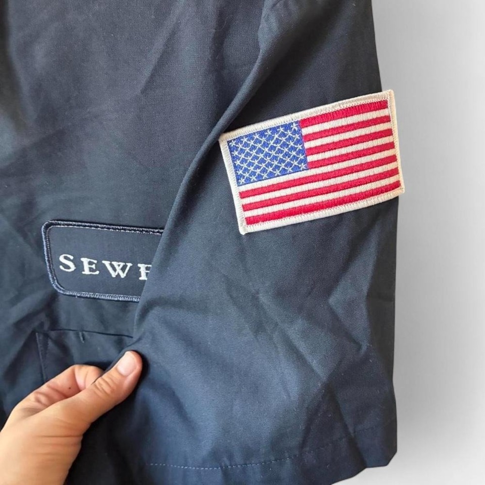 Navy button up work uniform shirt with embroidered name, logo & flag patch Sz S - Picture 3 of 5